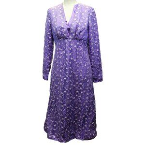 Handmade Purple Satin Sheer Floral Dress Women sz 8/10 Empire Waist V-Neck Long